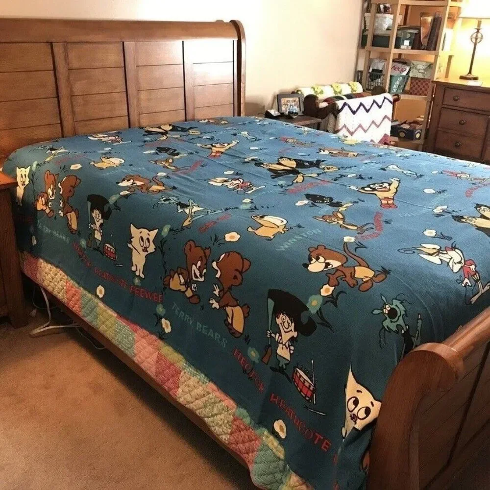 Terry Tunes Vintage Bedspread Mighty Mouse Heckle Jeckle Blue Queen